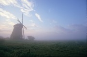 Windmill in a foggy meadow